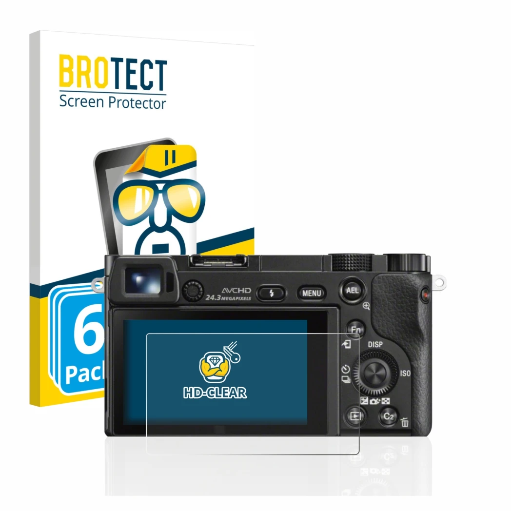 Parte frontale di una confezione del prodotto con il logo del marchio BROTECT. Accanto è raffigurato il dispositivo Sony Alpha