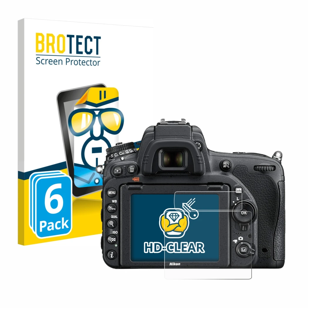 Parte frontale di una confezione del prodotto con il logo del marchio BROTECT. Accanto è raffigurato il dispositivo Nikon D750