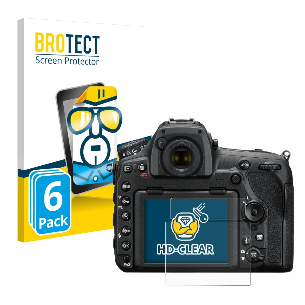 Parte frontale di una confezione del prodotto con il logo del marchio BROTECT. Accanto è raffigurato il dispositivo Nikon D850