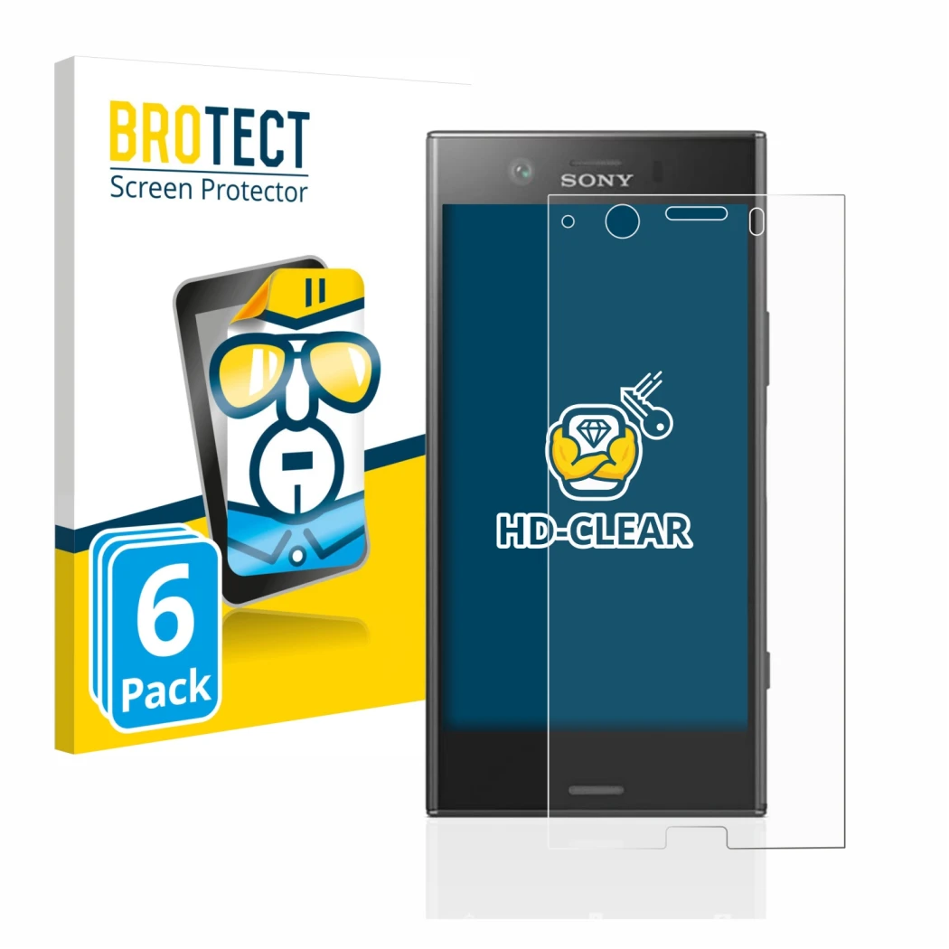 Parte frontale di una confezione del prodotto con il logo del marchio BROTECT. Accanto è raffigurato il dispositivo Sony Xperi