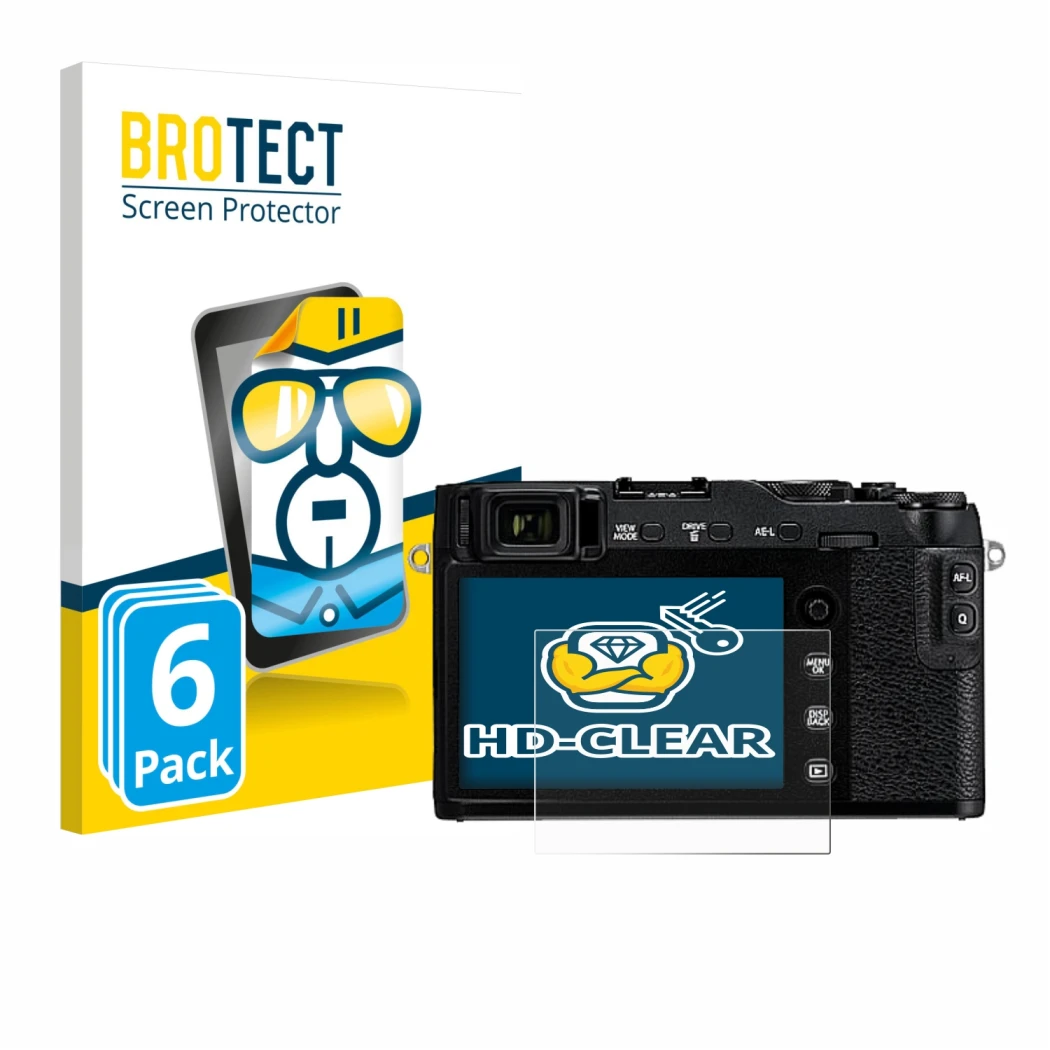 Parte frontale di una confezione del prodotto con il logo del marchio BROTECT. Accanto è raffigurato il dispositivo Fujifilm X