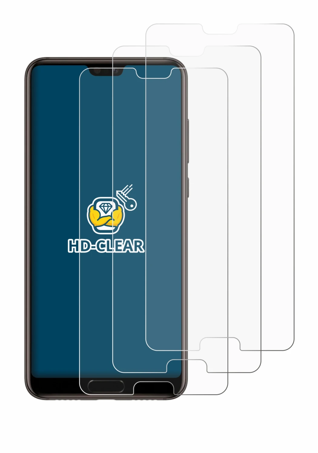 Immagine del dispositivo Huawei P20 con un'ampia varietà di protezioni per lo schermo.