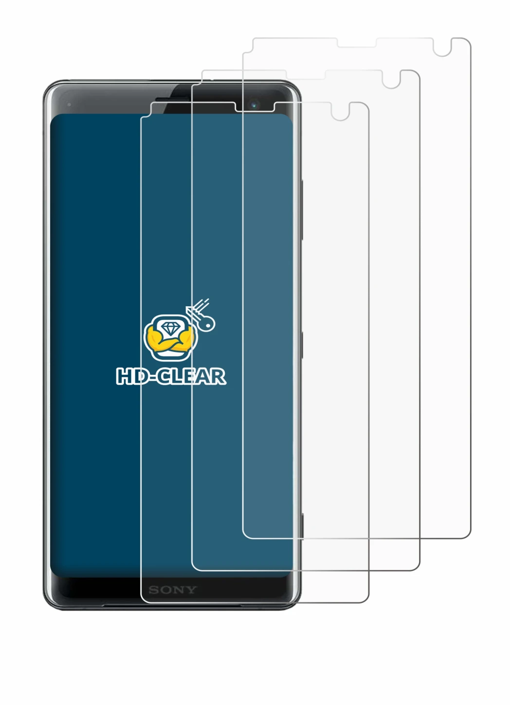 Immagine del dispositivo Sony Xperia XZ3 con un'ampia varietà di protezioni per lo schermo.