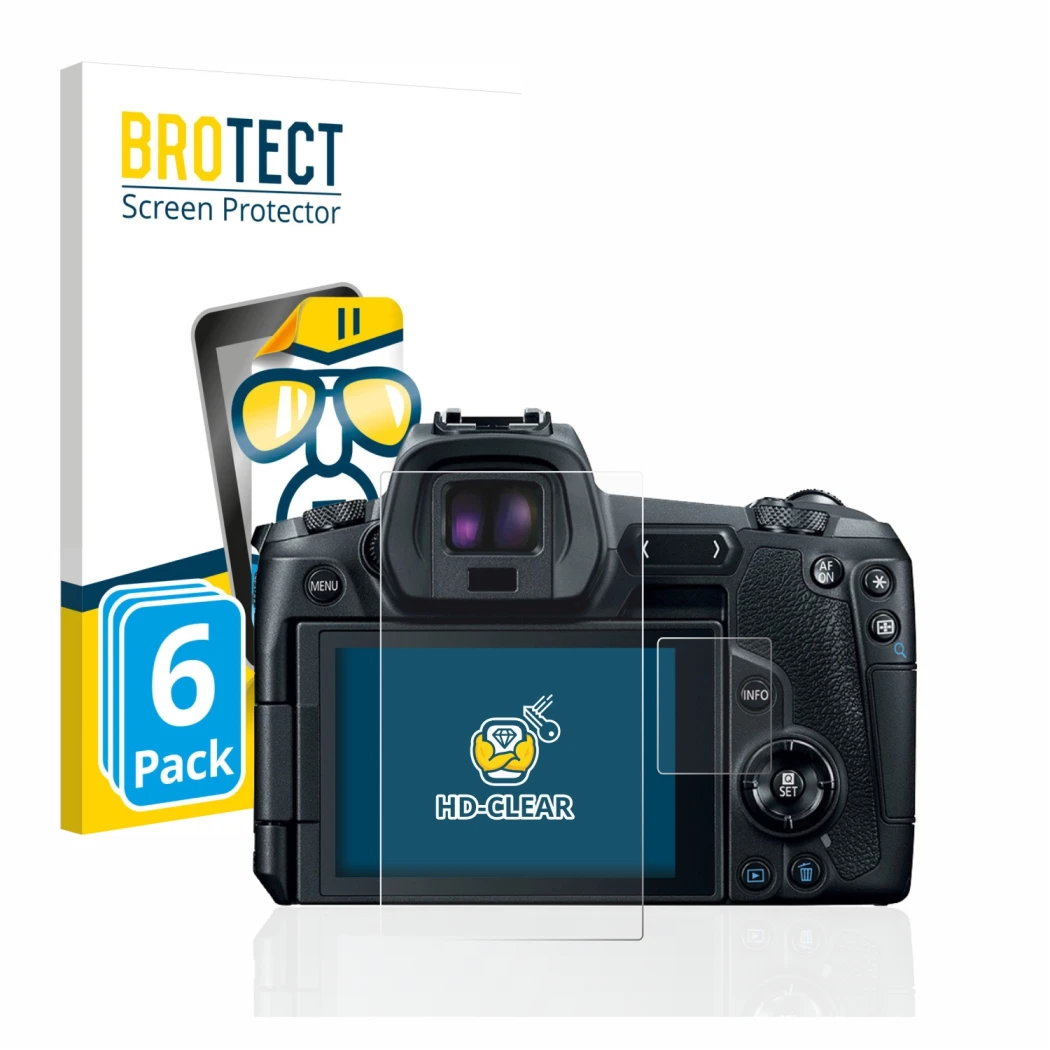 Parte frontale di una confezione del prodotto con il logo del marchio BROTECT. Accanto è raffigurato il dispositivo Canon EOS 