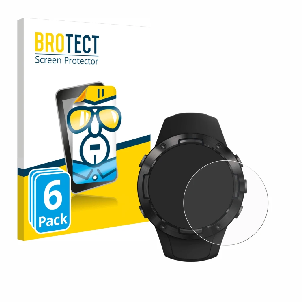 Parte frontale di una confezione del prodotto con il logo del marchio BROTECT. Accanto è raffigurato il dispositivo Suunto 5 c