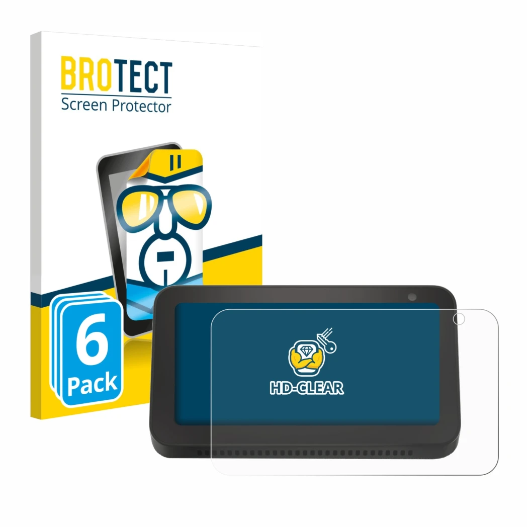 Parte frontale di una confezione del prodotto con il logo del marchio BROTECT. Accanto è raffigurato il dispositivo Amazon Ech