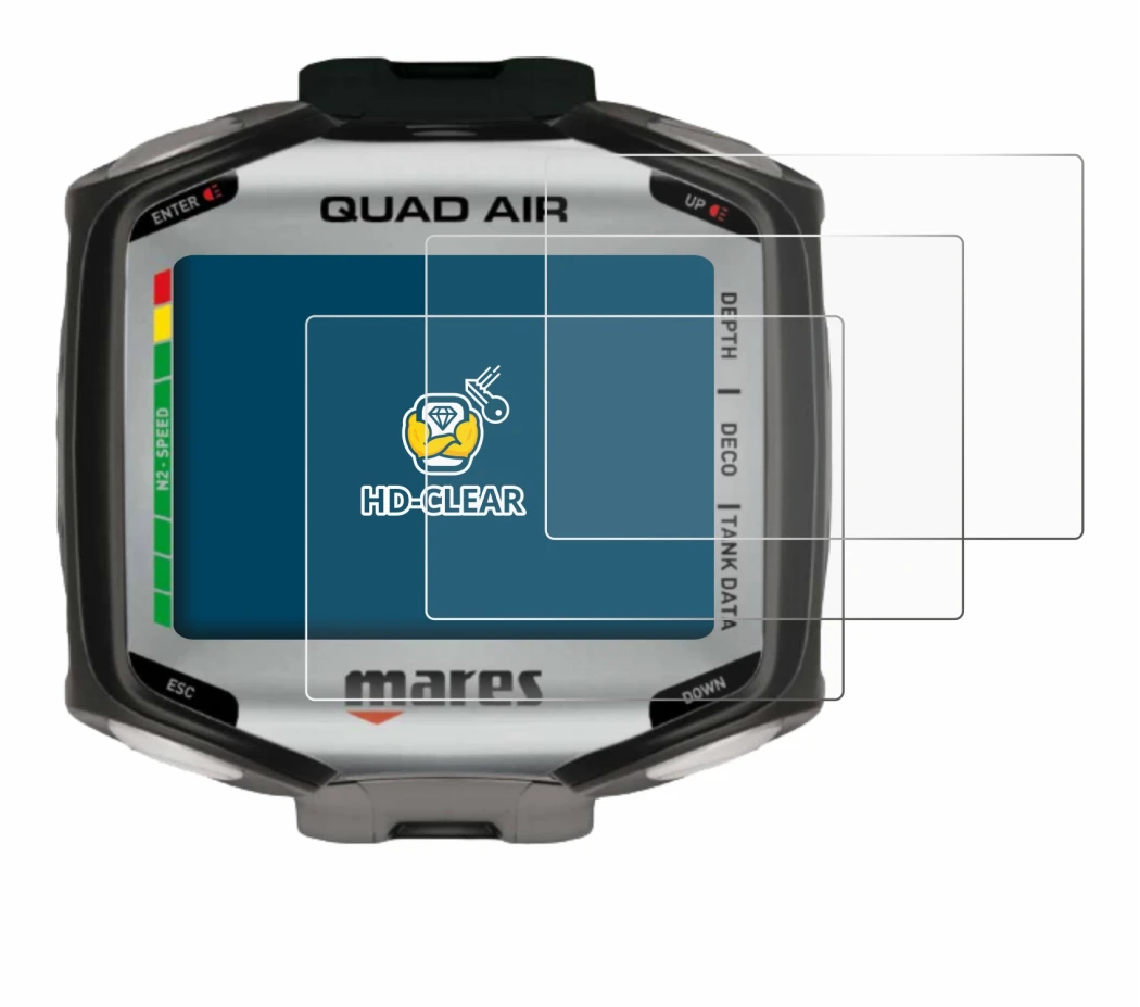 Immagine del dispositivo Mares Quad Air con un'ampia varietà di protezioni per lo schermo.
