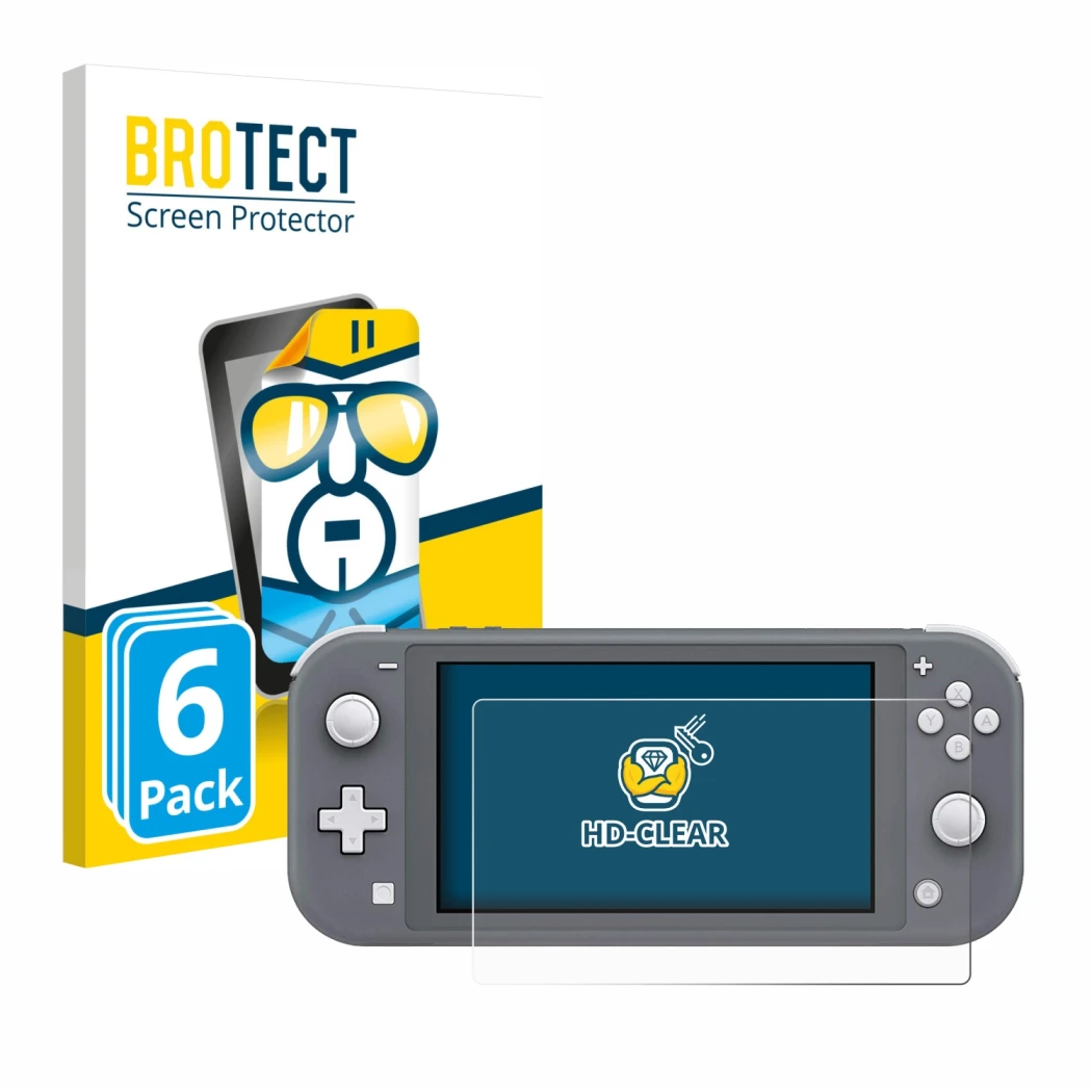 Parte frontale di una confezione del prodotto con il logo del marchio BROTECT. Accanto è raffigurato il dispositivo Nintendo S