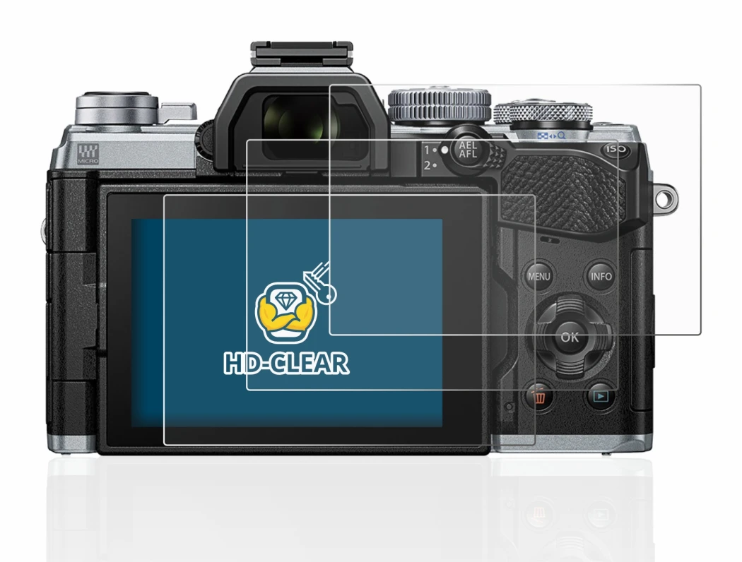 Immagine del dispositivo Olympus OM-D E-M5 Mark III con un'ampia varietà di protezioni per lo schermo.