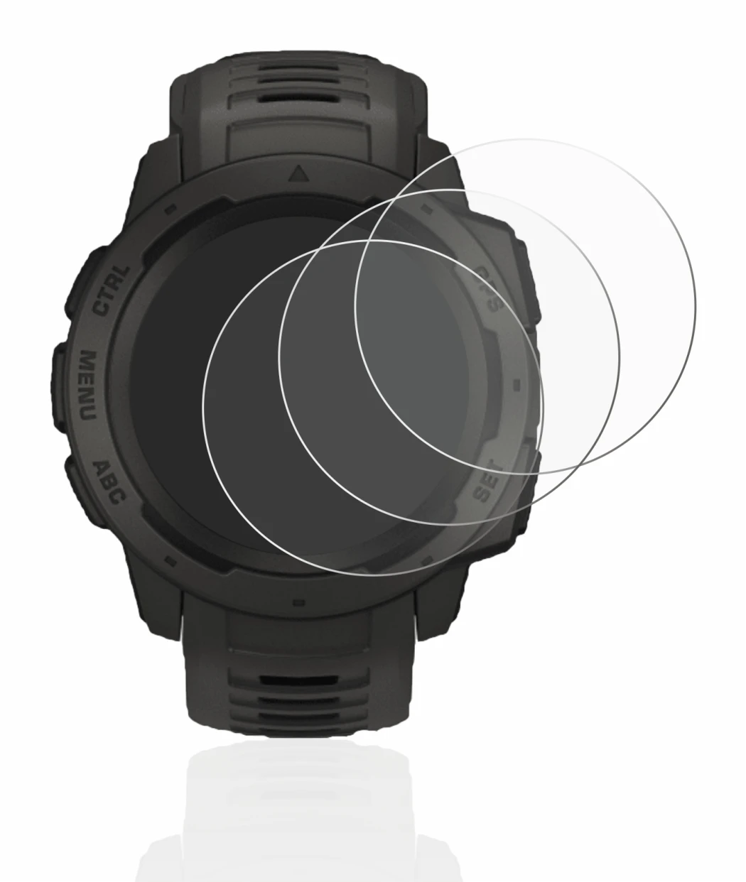 Immagine del dispositivo Garmin Instinct Solar con un'ampia varietà di protezioni per lo schermo.