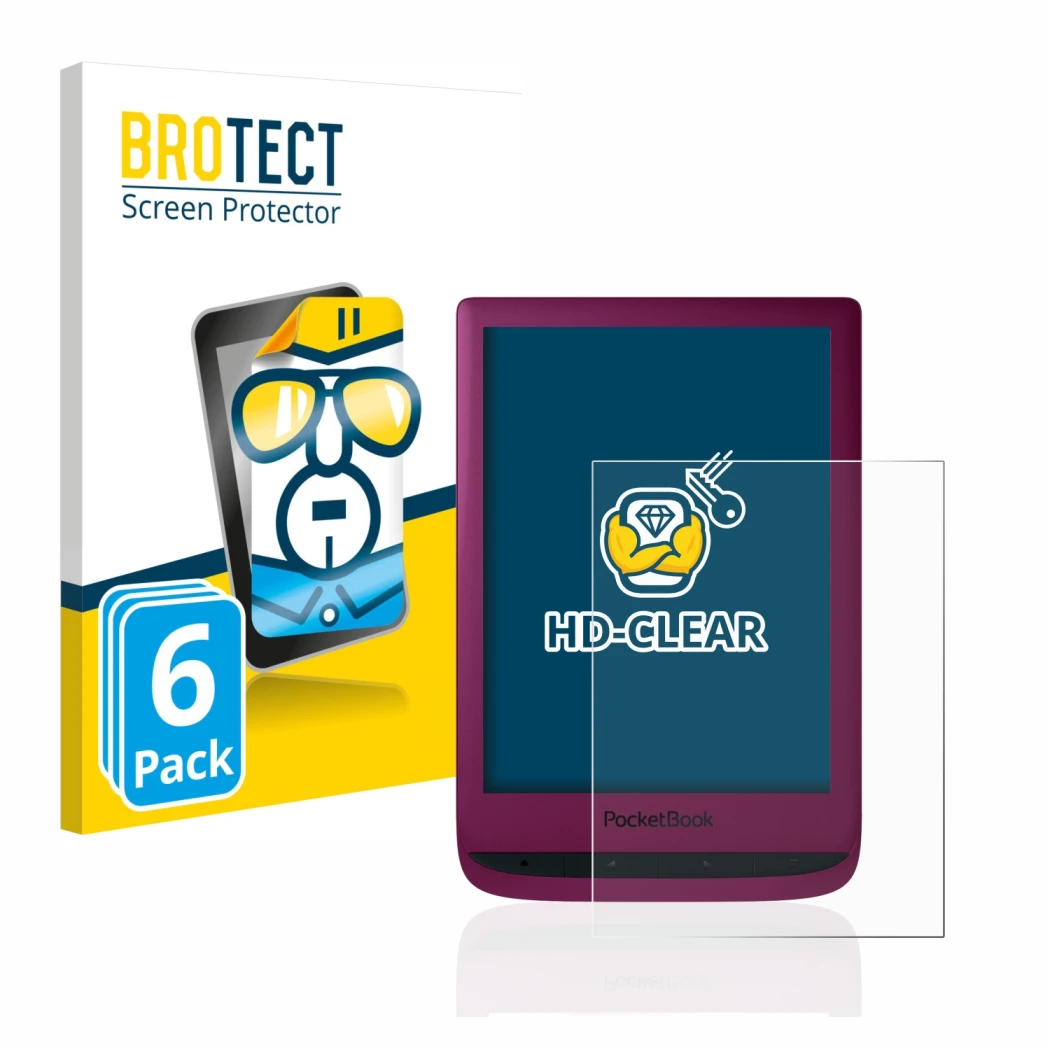 Parte frontale di una confezione del prodotto con il logo del marchio BROTECT. Accanto è raffigurato il dispositivo PocketBook