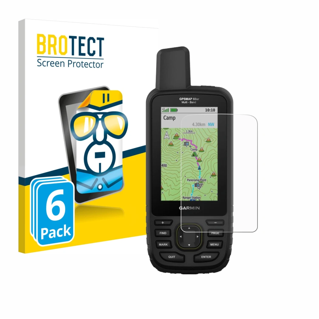Parte frontale di una confezione del prodotto con il logo del marchio BROTECT. Accanto è raffigurato il dispositivo Garmin GPS