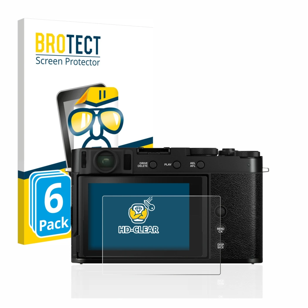 Parte frontale di una confezione del prodotto con il logo del marchio BROTECT. Accanto è raffigurato il dispositivo Fujifilm X