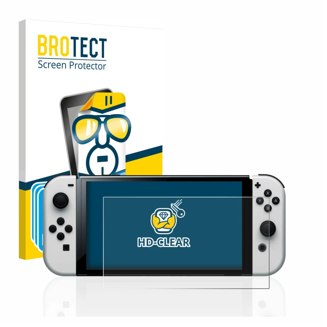 Parte frontale di una confezione del prodotto con il logo del marchio BROTECT. Accanto è raffigurato il dispositivo Nintendo S