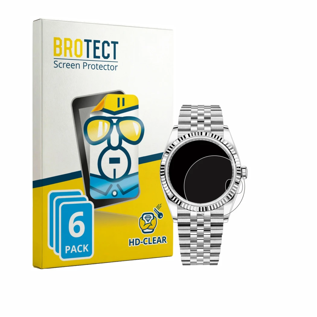 Parte frontale di una confezione del prodotto con il logo del marchio BROTECT. Accanto è raffigurato il dispositivo Rolex Date