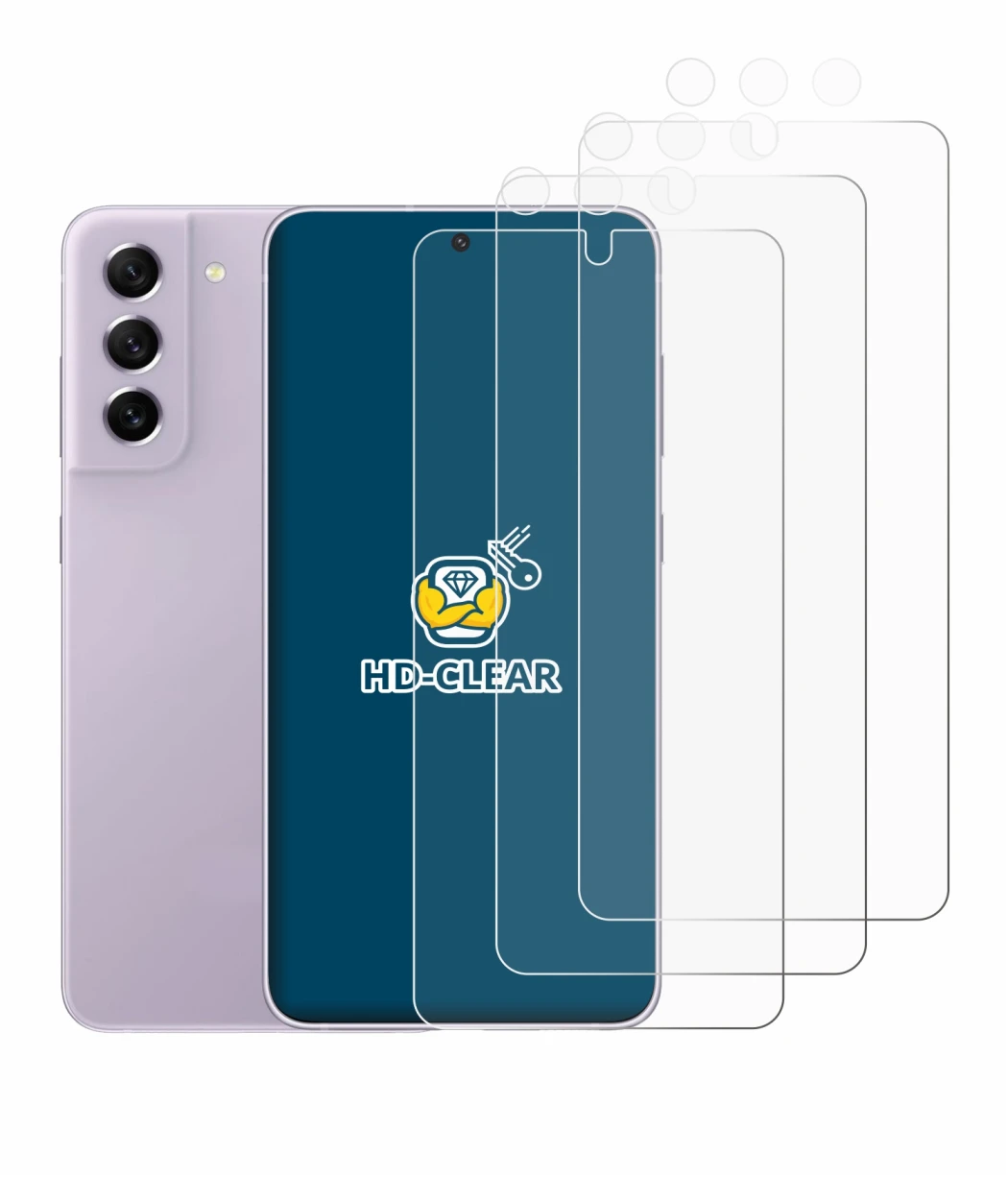 Immagine del dispositivo Samsung Galaxy S21 FE 5G (Fronte+Fotocamera) con un'ampia varietà di protezioni per lo schermo.