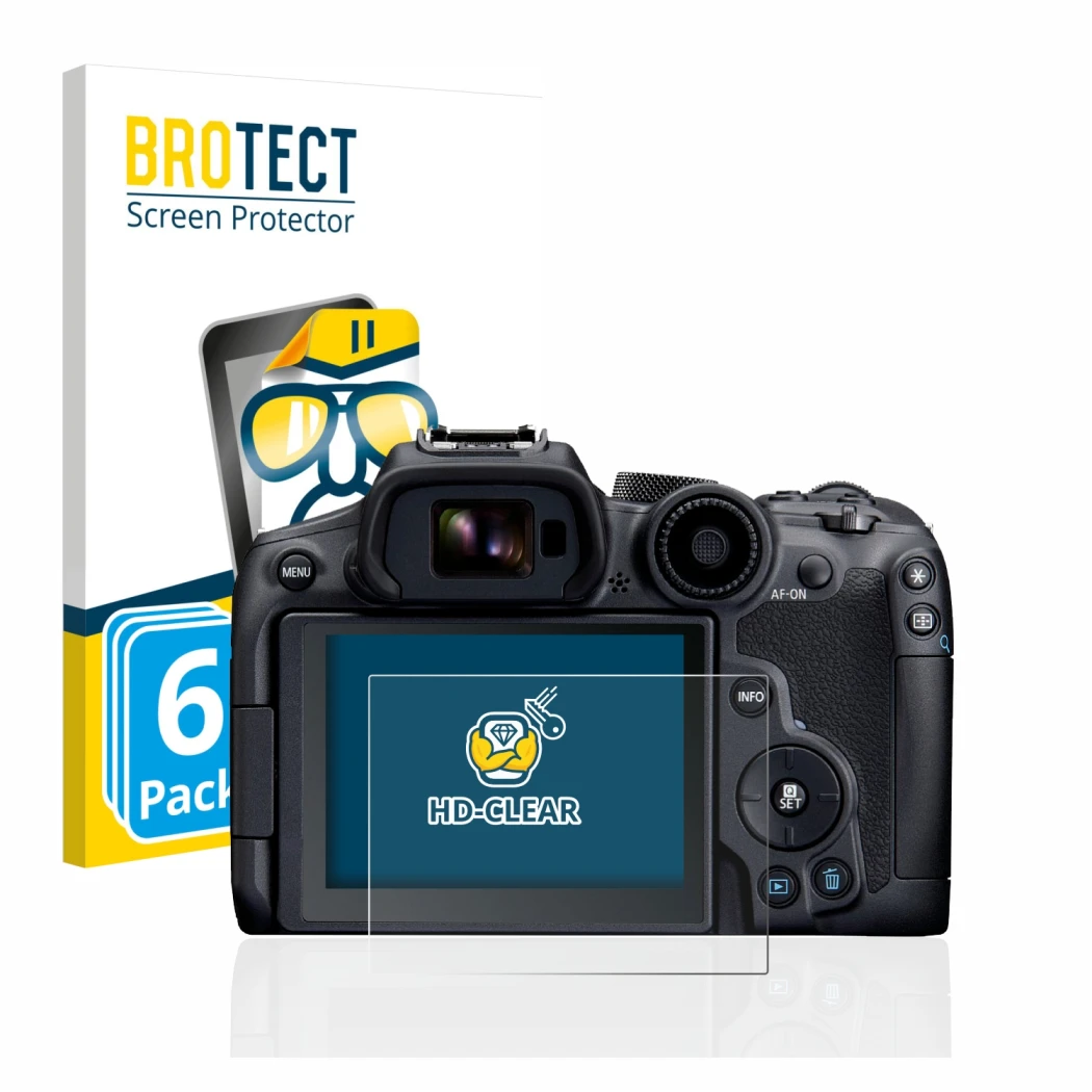Parte frontale di una confezione del prodotto con il logo del marchio BROTECT. Accanto è raffigurato il dispositivo Canon EOS