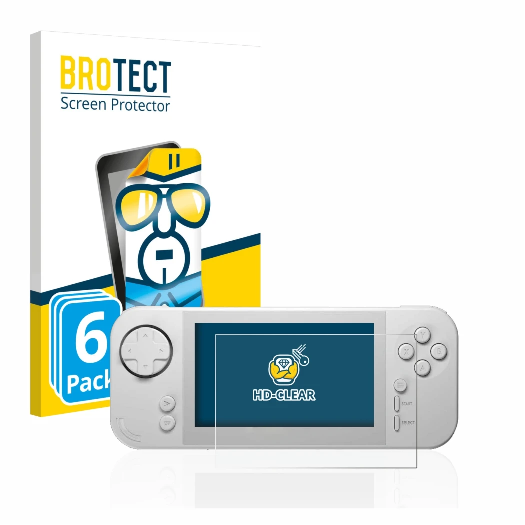 Parte frontale di una confezione del prodotto con il logo del marchio BROTECT. Accanto è raffigurato il dispositivo Evercade E