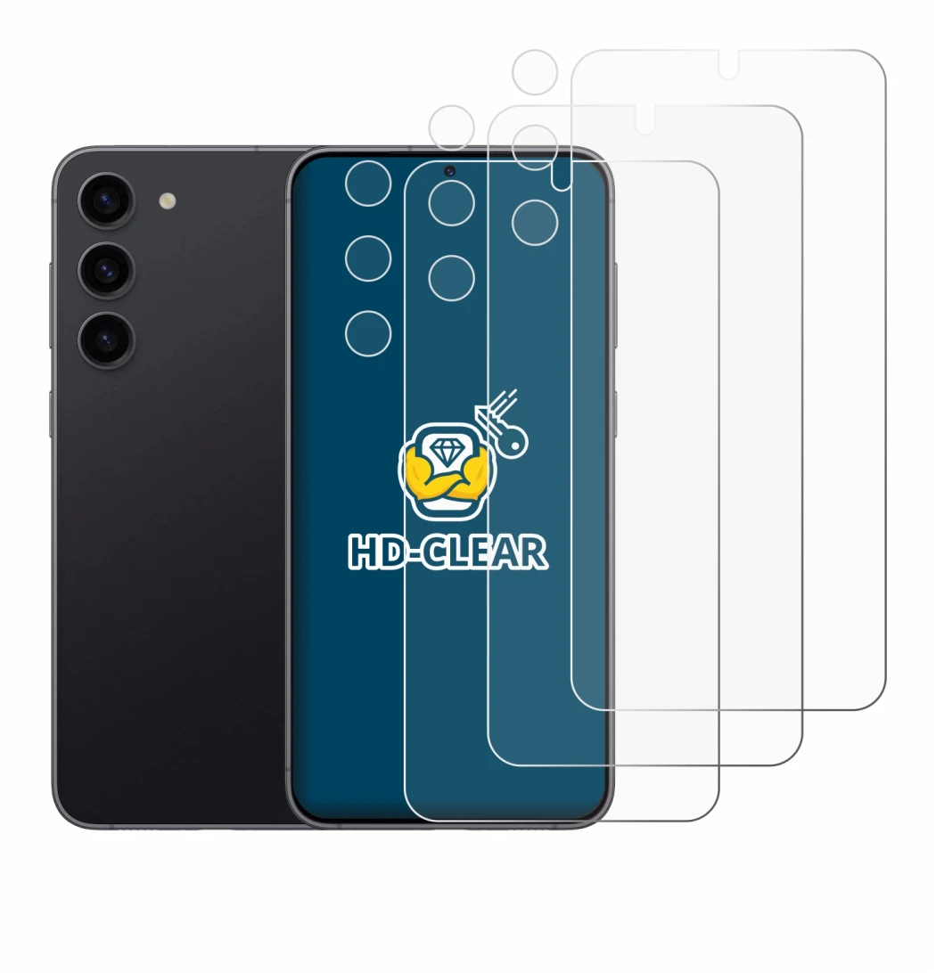 Immagine del dispositivo Samsung Galaxy S23 (Fronte+Fotocamera) con un'ampia varietà di protezioni per lo schermo.