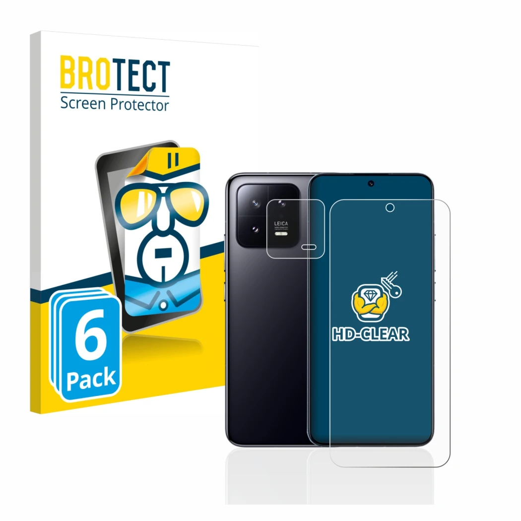 Parte frontale di una confezione del prodotto con il logo del marchio BROTECT. Accanto è raffigurato il dispositivo Xiaomi 13 