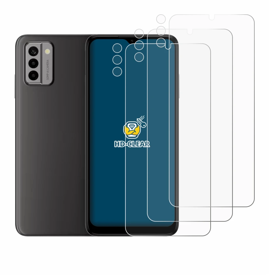 Immagine del dispositivo Nokia G22 (Fronte+Fotocamera) con un'ampia varietà di protezioni per lo schermo.
