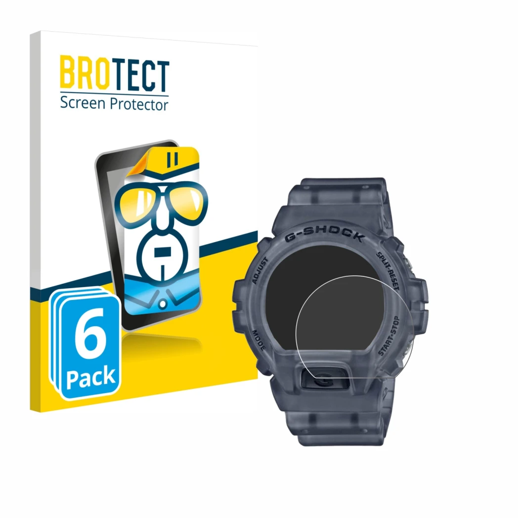 Parte frontale di una confezione del prodotto con il logo del marchio BROTECT. Accanto è raffigurato il dispositivo Casio G-Sh