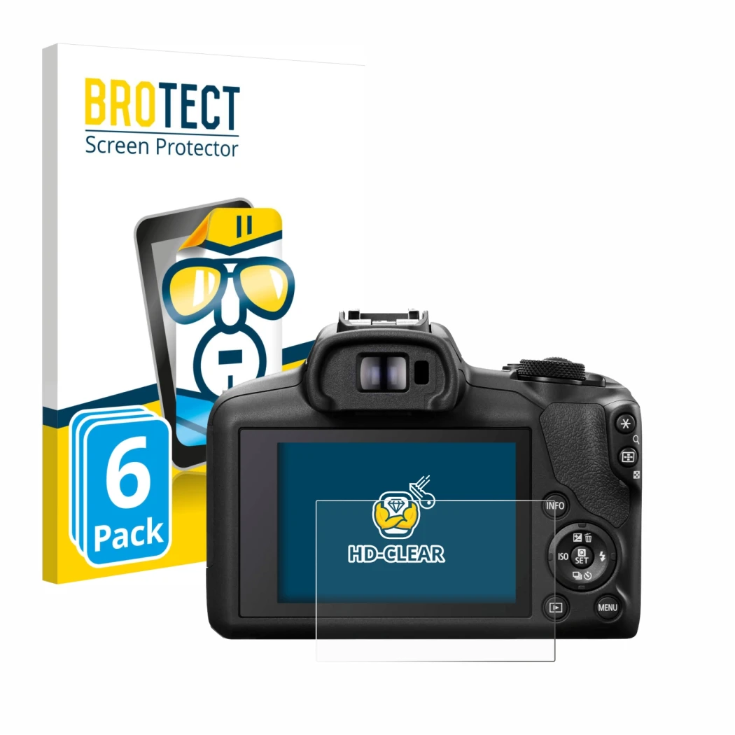 Parte frontale di una confezione del prodotto con il logo del marchio BROTECT. Accanto è raffigurato il dispositivo Canon EOS