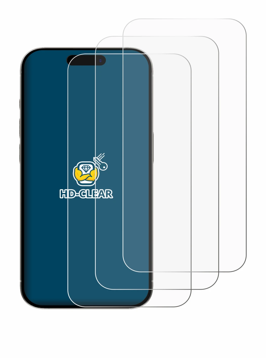 Immagine del dispositivo Apple iPhone 15 con un'ampia varietà di protezioni per lo schermo.