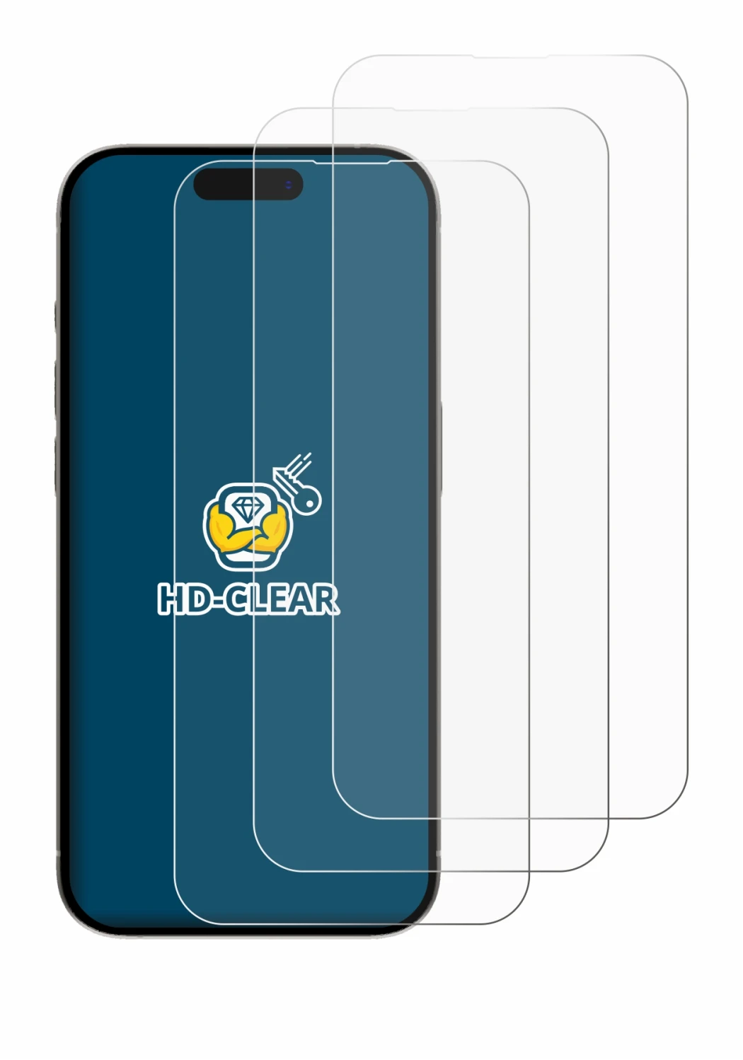 Immagine del dispositivo Apple iPhone 15 Plus con un'ampia varietà di protezioni per lo schermo.