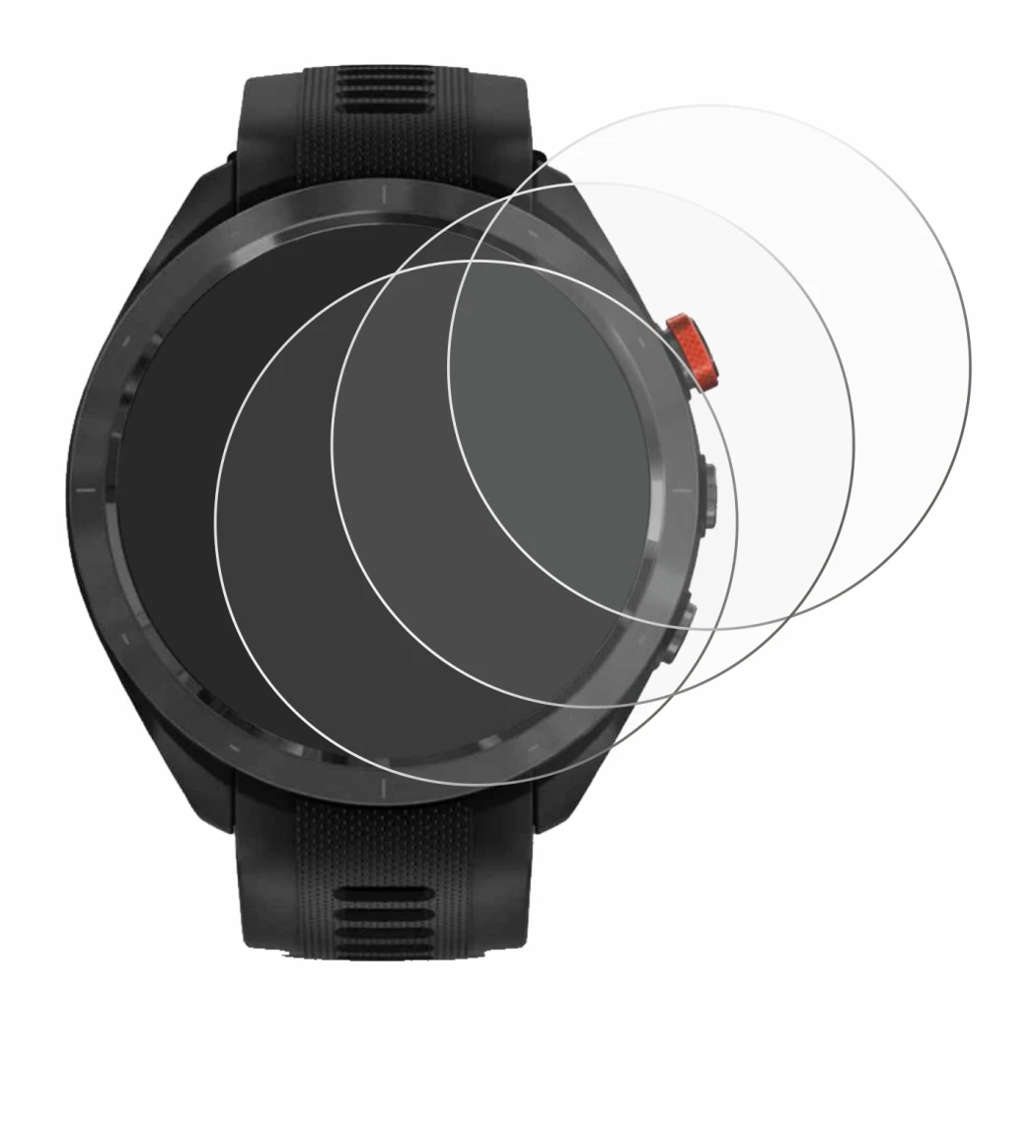 Immagine del dispositivo Garmin Approach S70 (47 mm) con un'ampia varietà di protezioni per lo schermo.