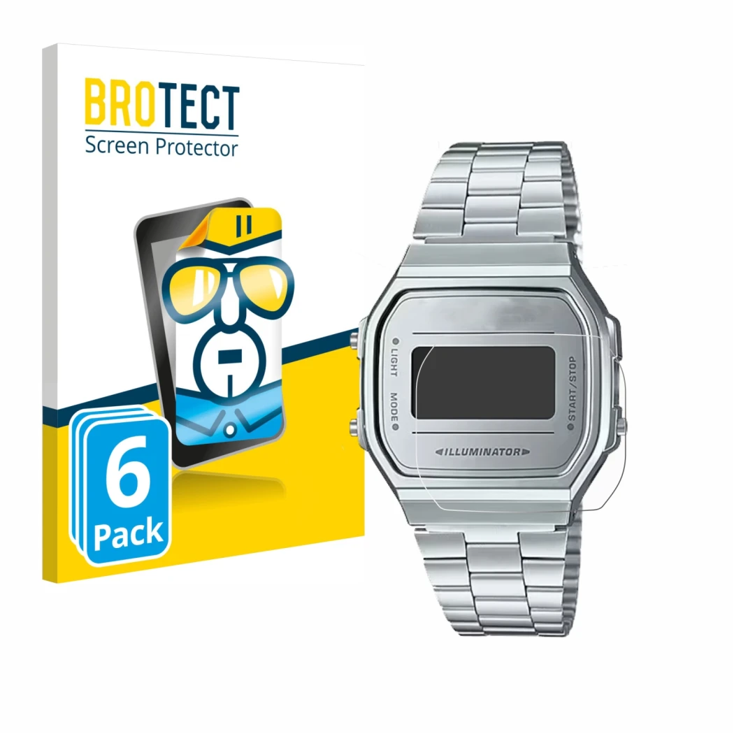 Parte frontale di una confezione del prodotto con il logo del marchio BROTECT. Accanto è raffigurato il dispositivo Casio A168