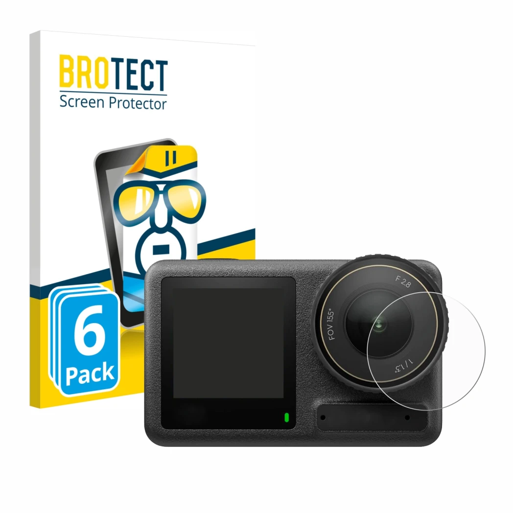 Parte frontale di una confezione del prodotto con il logo del marchio BROTECT. Accanto è raffigurato il dispositivo DJI Osmo A