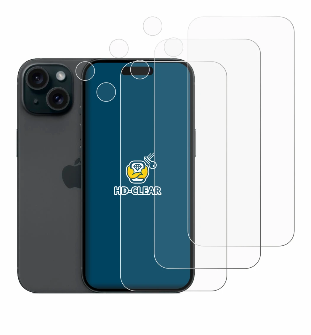 Immagine del dispositivo Apple iPhone 15 (Fronte+Fotocamera) con un'ampia varietà di protezioni per lo schermo.