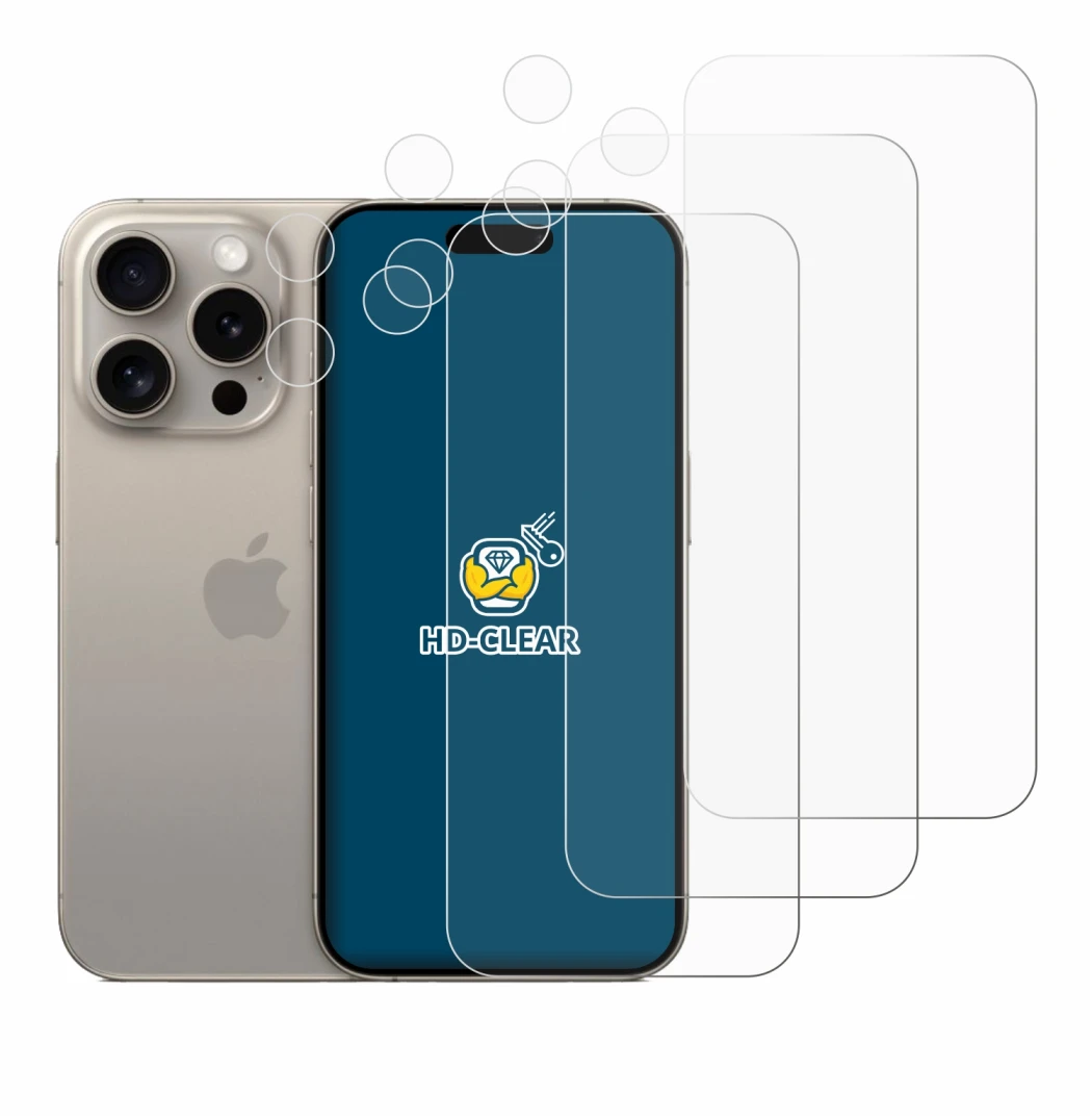 Immagine del dispositivo Apple iPhone 15 Pro (Fronte+Fotocamera) con un'ampia varietà di protezioni per lo schermo.