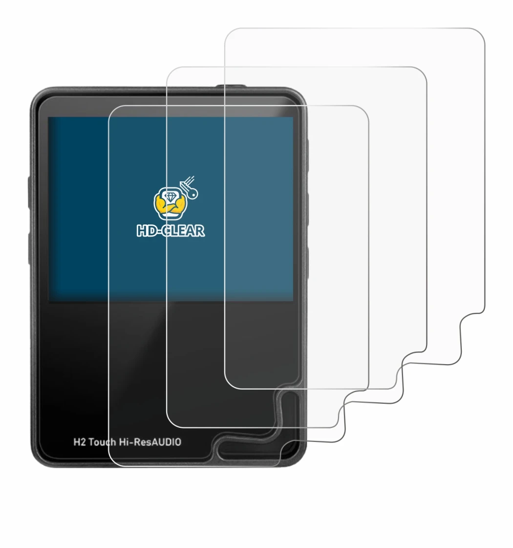 Immagine del dispositivo HifiWalker H2 touch con un'ampia varietà di protezioni per lo schermo.