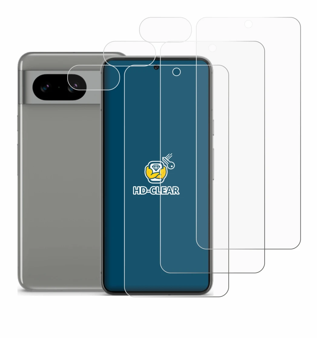 Immagine del dispositivo Google Pixel 8 (Fronte+Fotocamera) con un'ampia varietà di protezioni per lo schermo.