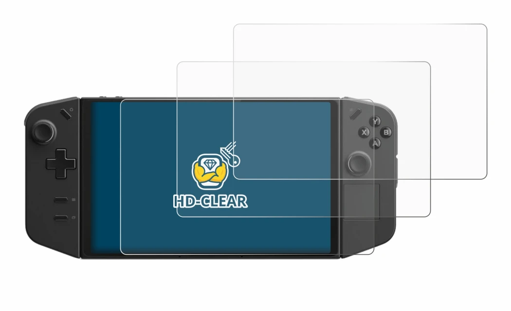 Immagine del dispositivo Lenovo Legion Go con un'ampia varietà di protezioni per lo schermo.