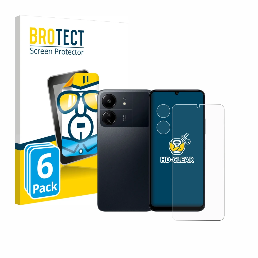Parte frontale di una confezione del prodotto con il logo del marchio BROTECT. Accanto è raffigurato il dispositivo Xiaomi Poc