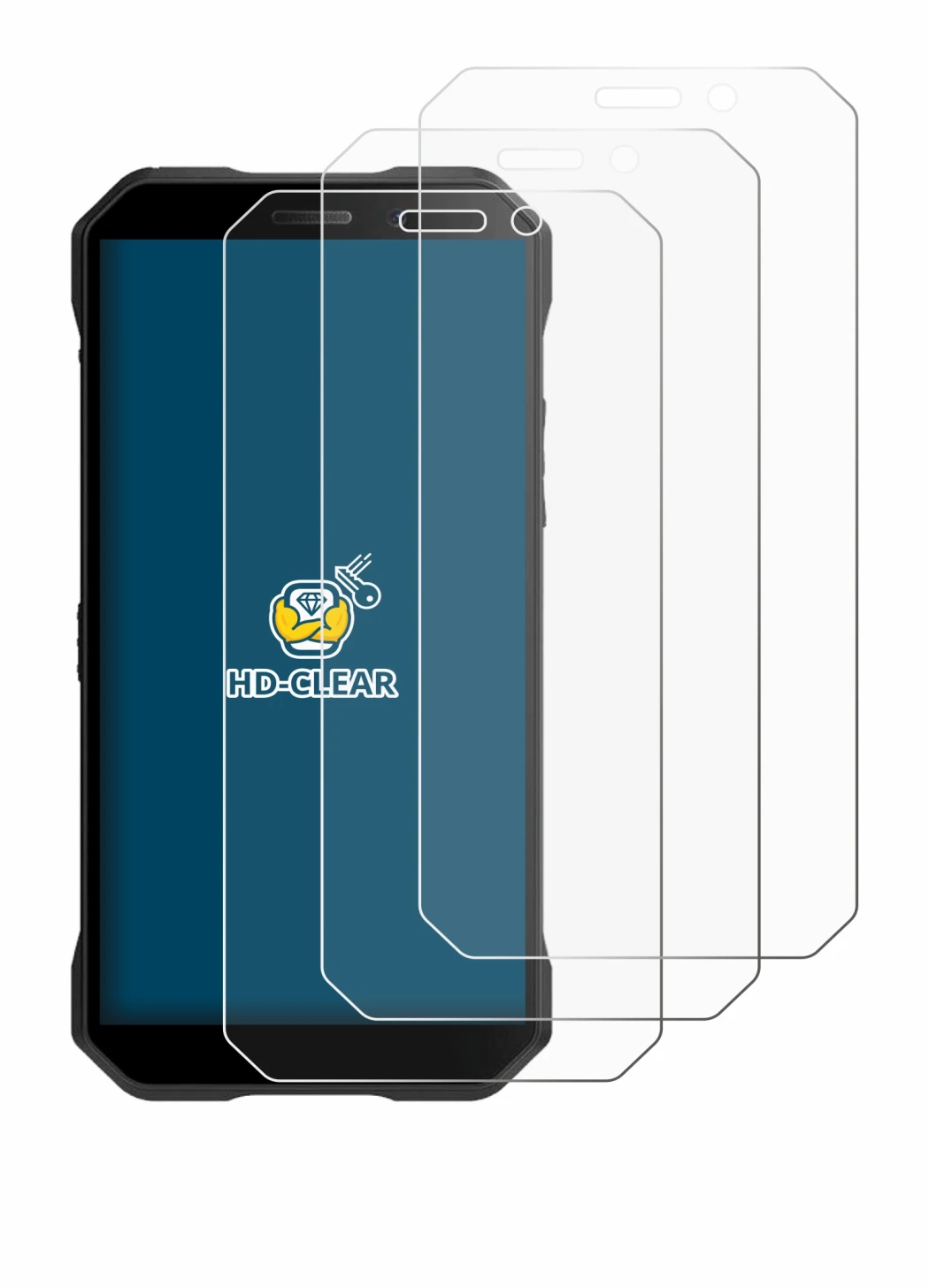 Immagine del dispositivo Doogee S61 Pro con un'ampia varietà di protezioni per lo schermo.
