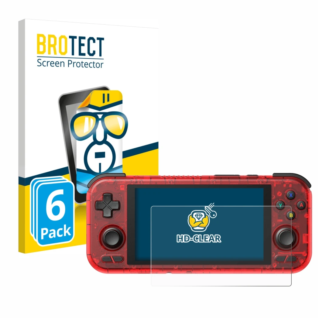 Parte frontale di una confezione del prodotto con il logo del marchio BROTECT. Accanto è raffigurato il dispositivo Retroid Po