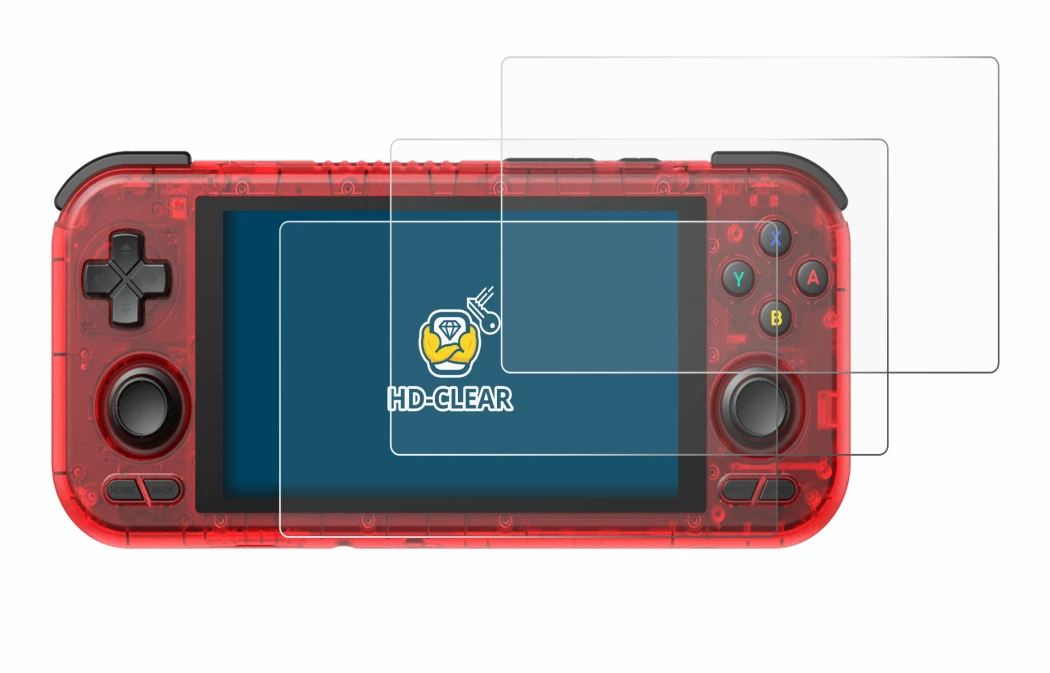 Immagine del dispositivo Retroid Pocket 4 Pro con un'ampia varietà di protezioni per lo schermo.