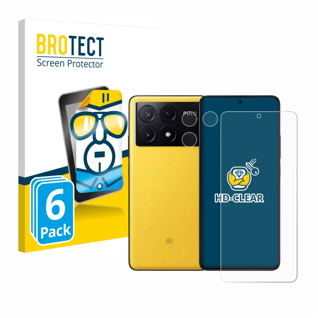 Parte frontale di una confezione del prodotto con il logo del marchio BROTECT. Accanto è raffigurato il dispositivo Xiaomi Poc