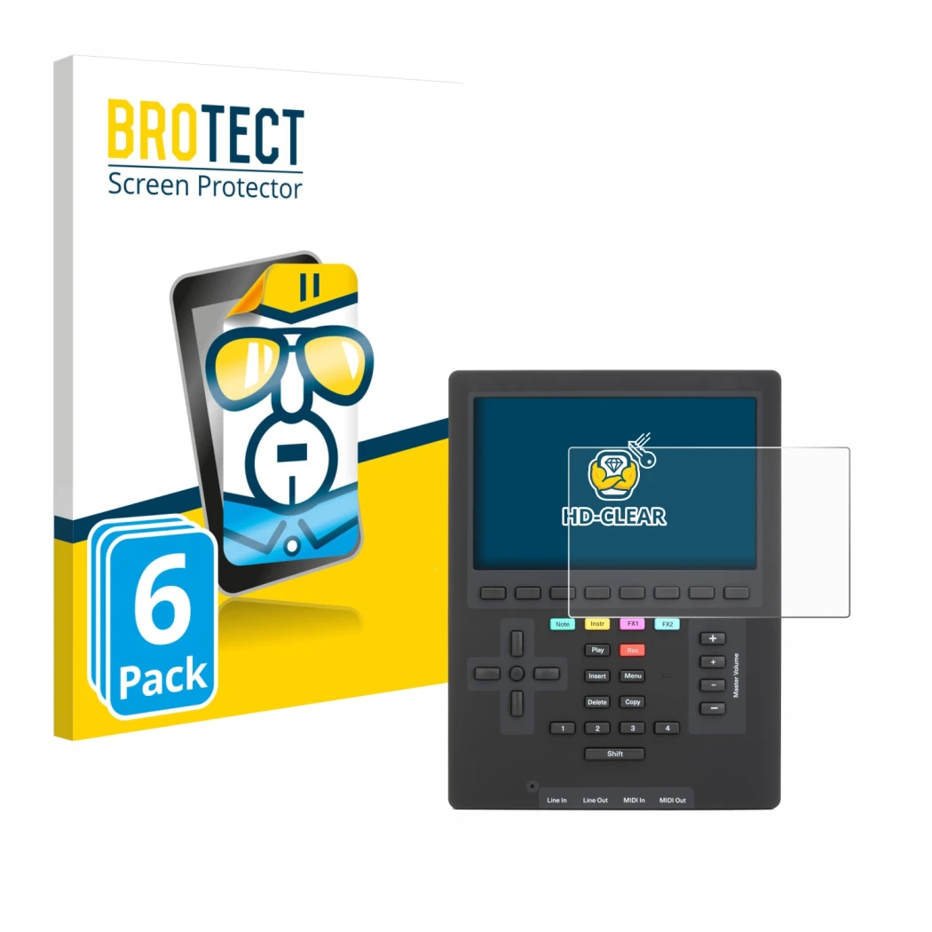 Parte frontale di una confezione del prodotto con il logo del marchio BROTECT. Accanto è raffigurato il dispositivo Polyend Tr