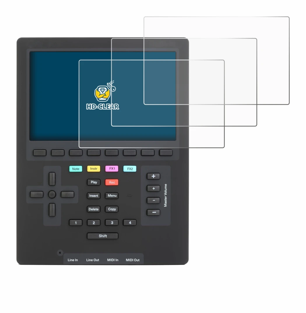 Immagine del dispositivo Polyend Tracker Mini con un'ampia varietà di protezioni per lo schermo.
