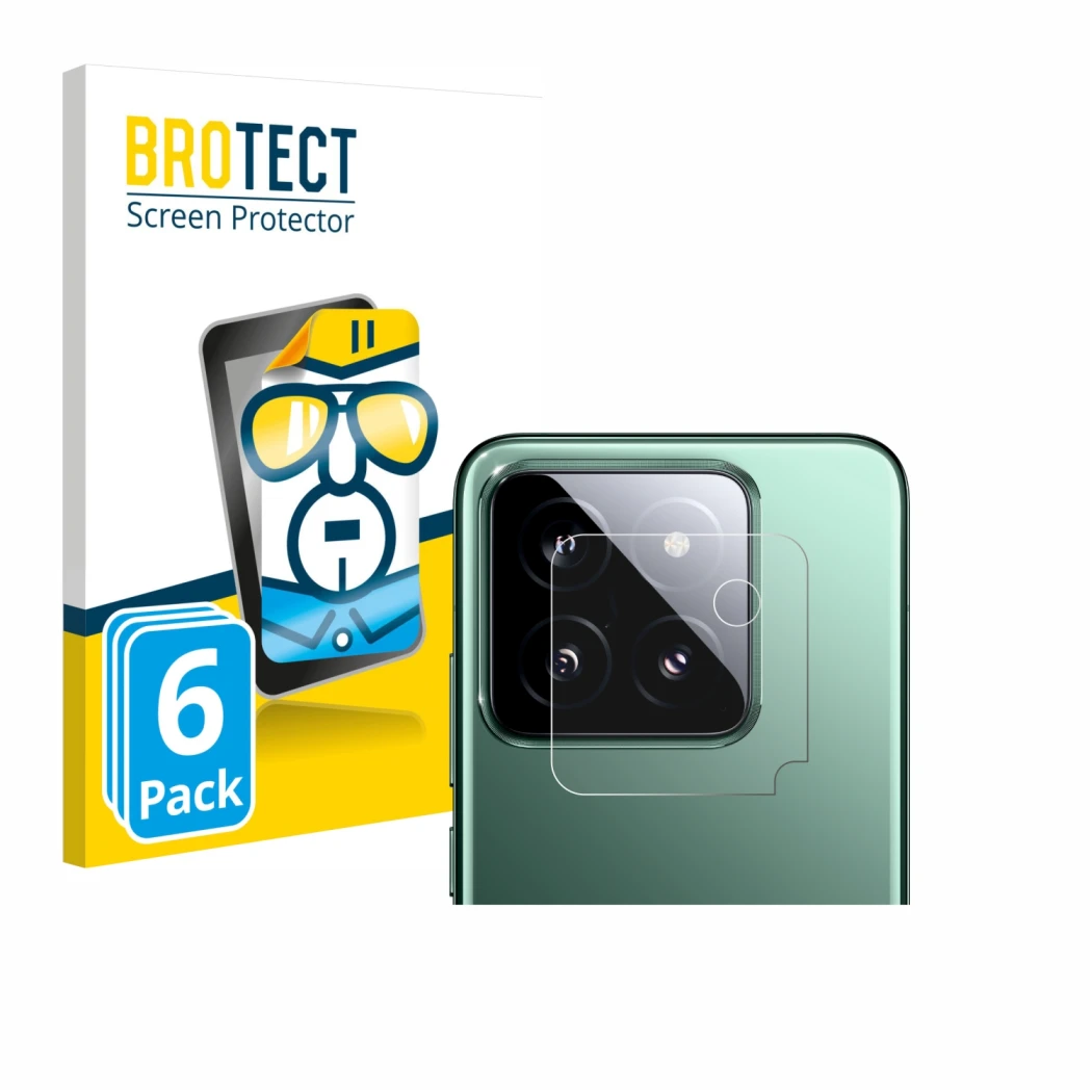 Parte frontale di una confezione del prodotto con il logo del marchio BROTECT. Accanto è raffigurato il dispositivo Xiaomi 14 