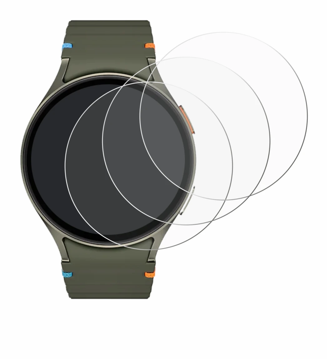 Immagine del dispositivo Samsung Galaxy Watch 7 (44 mm) con un'ampia varietà di protezioni per lo schermo.