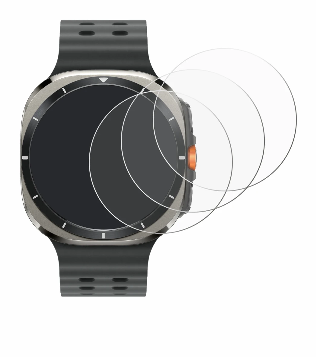 Immagine del dispositivo Samsung Galaxy Watch Ultra (47 mm) con un'ampia varietà di protezioni per lo schermo.