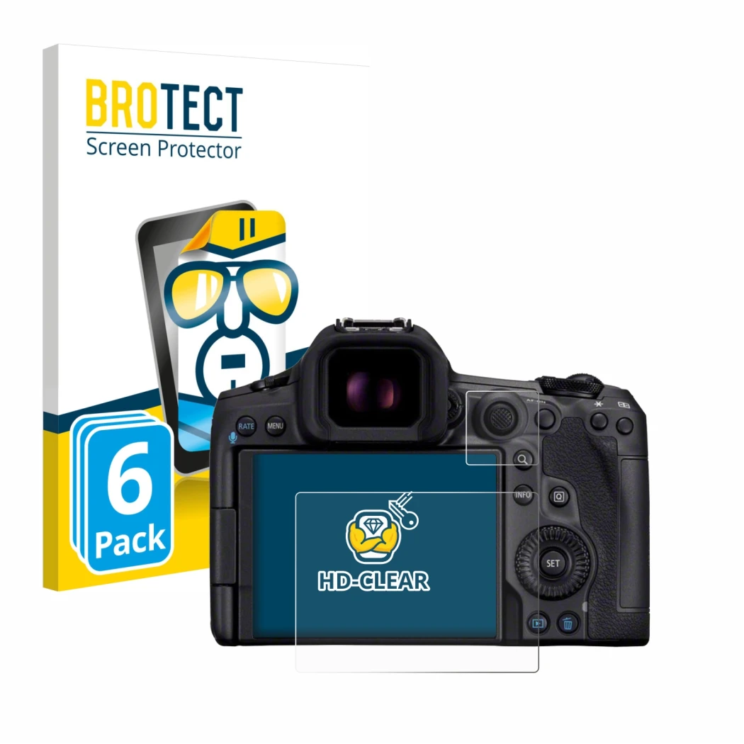 Parte frontale di una confezione del prodotto con il logo del marchio BROTECT. Accanto è raffigurato il dispositivo Canon EOS 