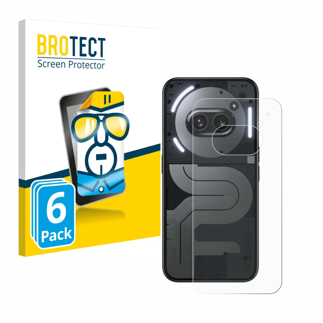 Parte frontale di una confezione del prodotto con il logo del marchio BROTECT. Accanto è raffigurato il dispositivo Nothing Ph