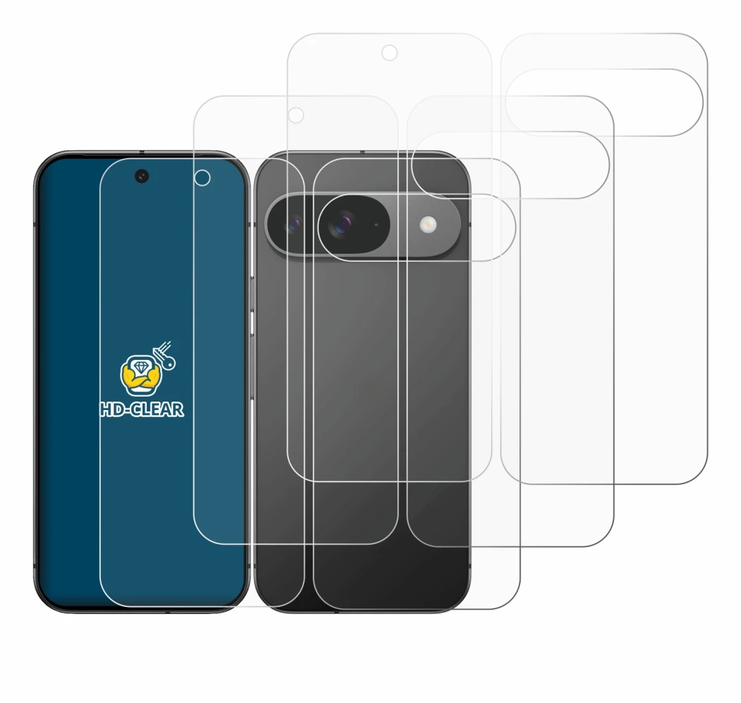 Immagine del dispositivo Google Pixel 9 (Fronte+Retro) con un'ampia varietà di protezioni per lo schermo.